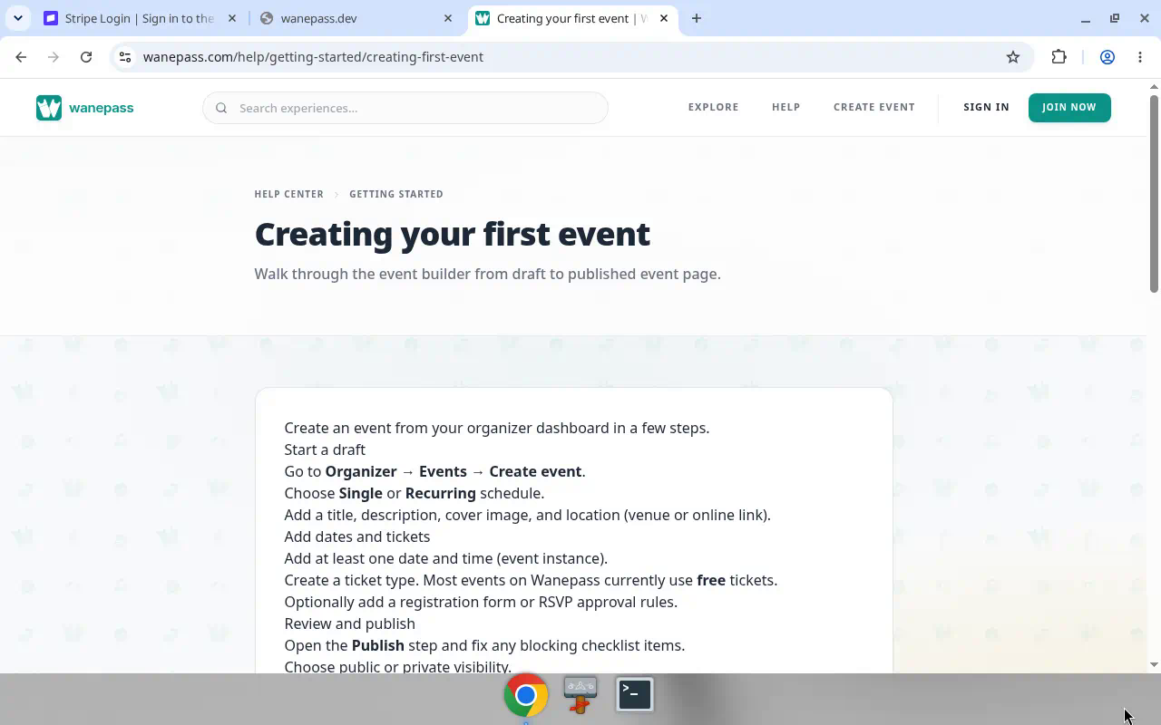 Screenshot: Event builder publish step with checklist and Publish button