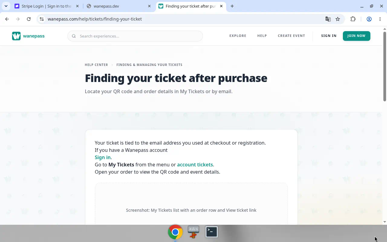 Screenshot: My Tickets list with an order row and View ticket link