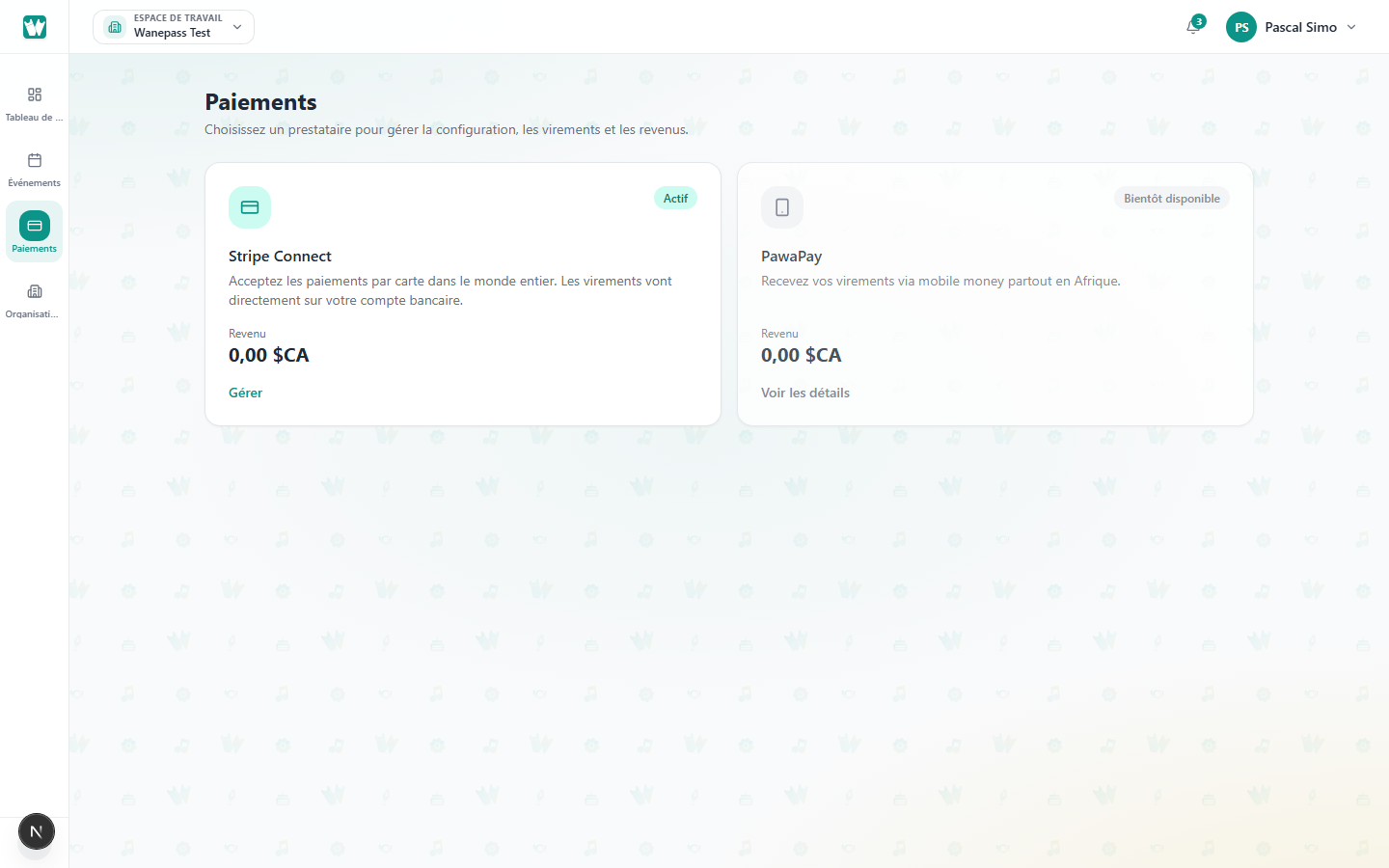 Screenshot: Organizer payments table with search