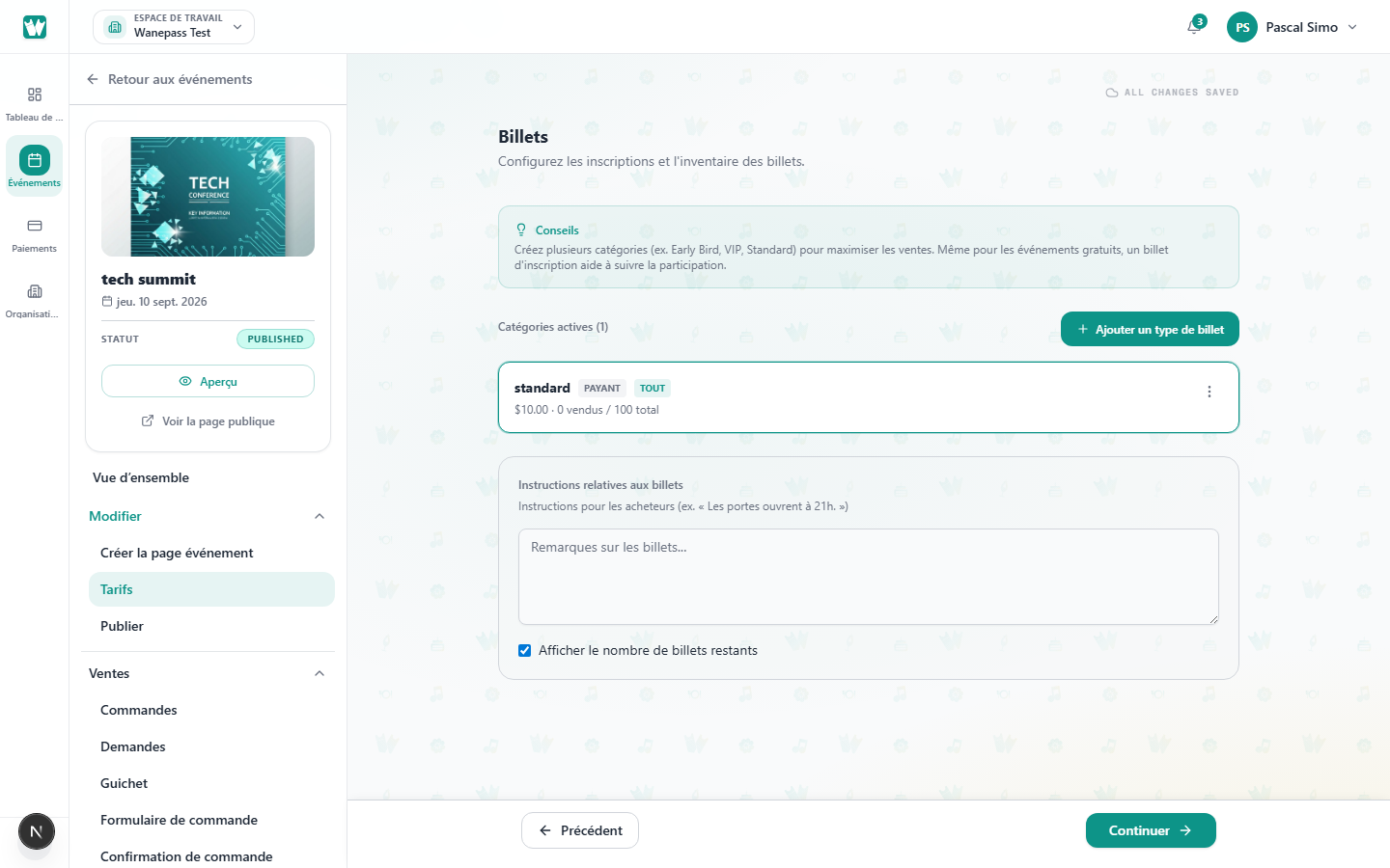Screenshot: Add ticket type sheet with name, quantity, and visibility options