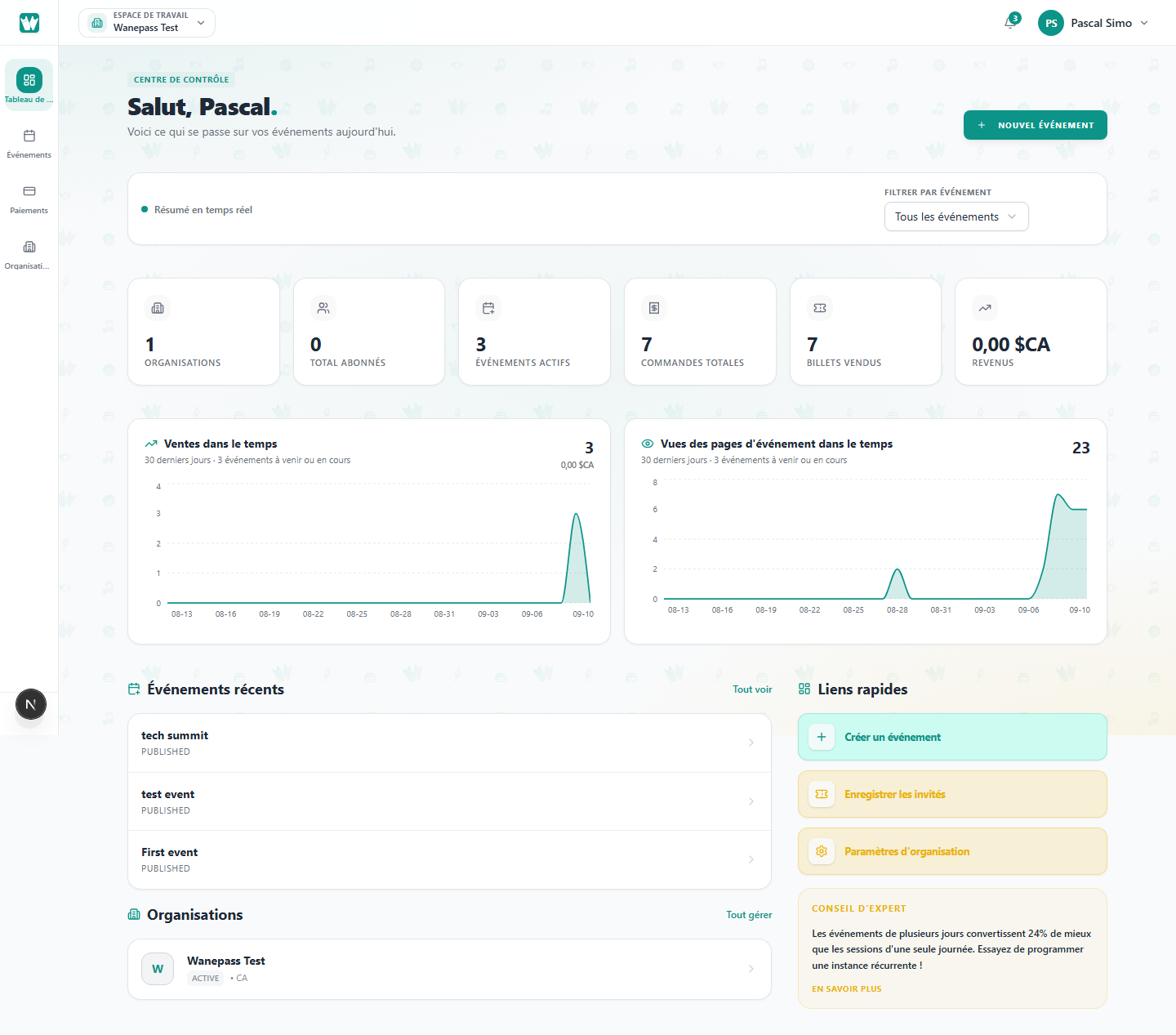 Screenshot: Event management sidebar with Overview, Tickets, Attendees, and Orders